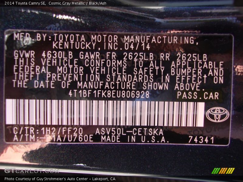 Cosmic Gray Metallic / Black/Ash 2014 Toyota Camry SE