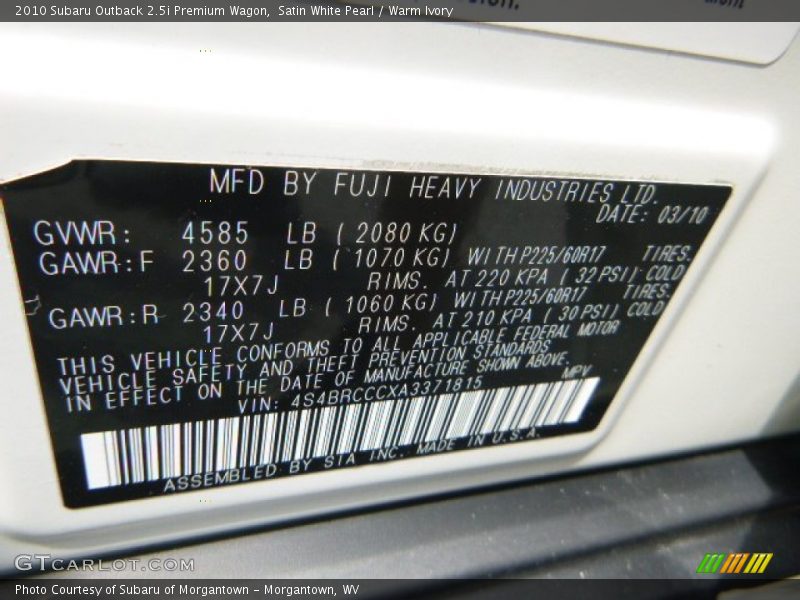 Satin White Pearl / Warm Ivory 2010 Subaru Outback 2.5i Premium Wagon