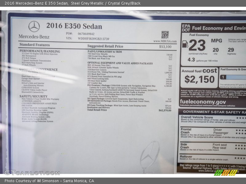 Steel Grey Metallic / Crystal Grey/Black 2016 Mercedes-Benz E 350 Sedan