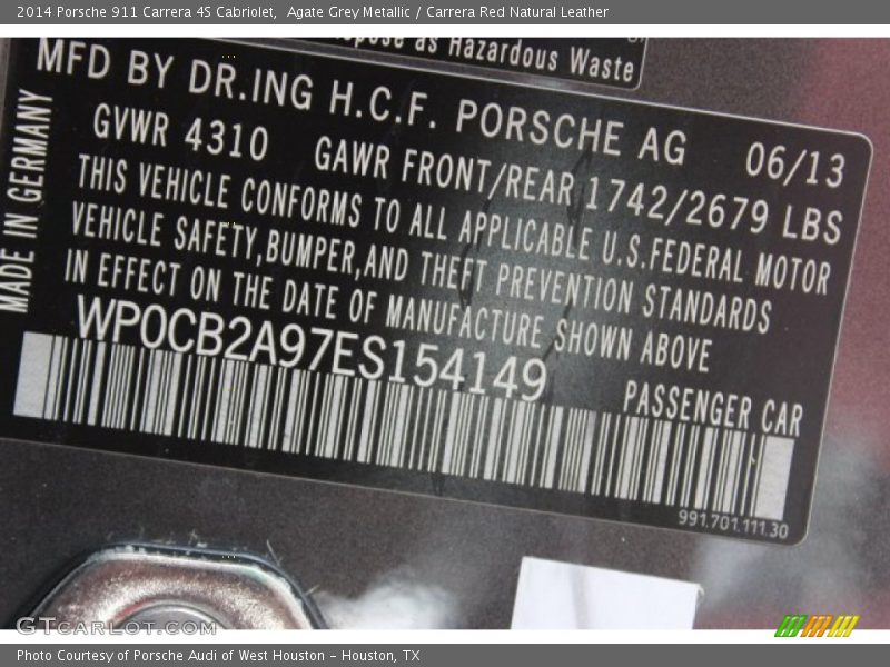 Agate Grey Metallic / Carrera Red Natural Leather 2014 Porsche 911 Carrera 4S Cabriolet