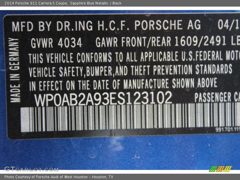 Sapphire Blue Metallic / Black 2014 Porsche 911 Carrera S Coupe