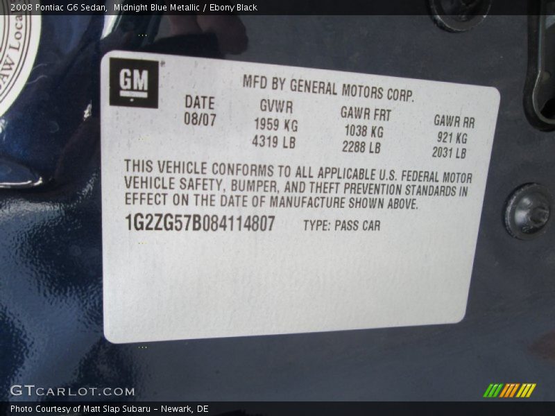 Midnight Blue Metallic / Ebony Black 2008 Pontiac G6 Sedan