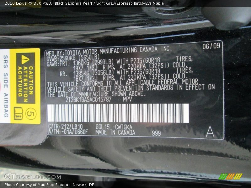 Black Sapphire Pearl / Light Gray/Espresso Birds-Eye Maple 2010 Lexus RX 350 AWD