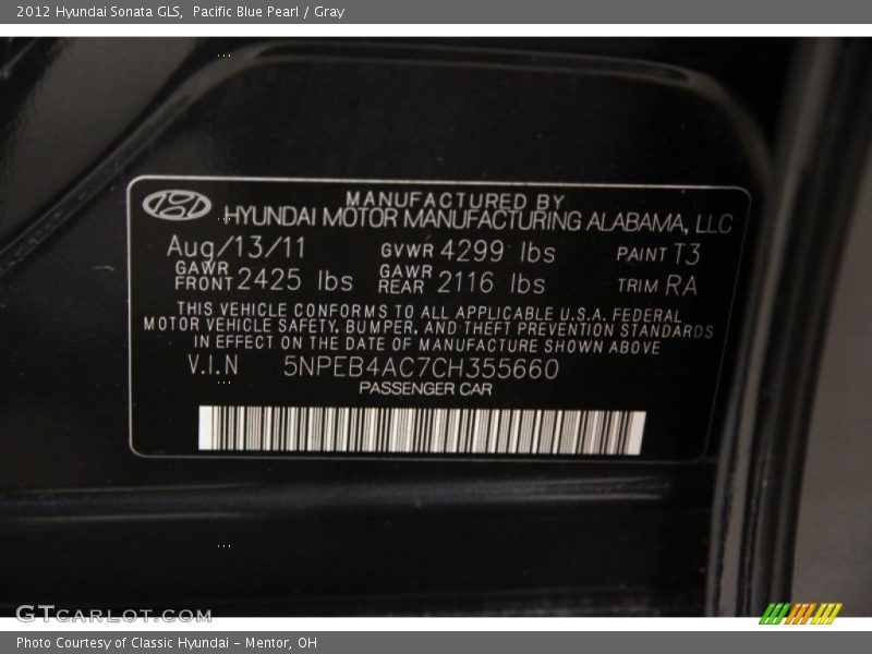 Pacific Blue Pearl / Gray 2012 Hyundai Sonata GLS
