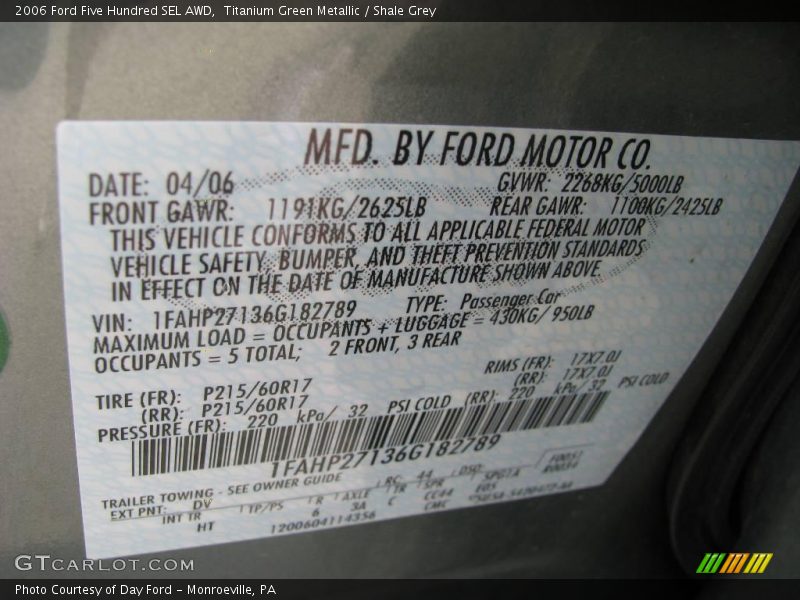 Titanium Green Metallic / Shale Grey 2006 Ford Five Hundred SEL AWD