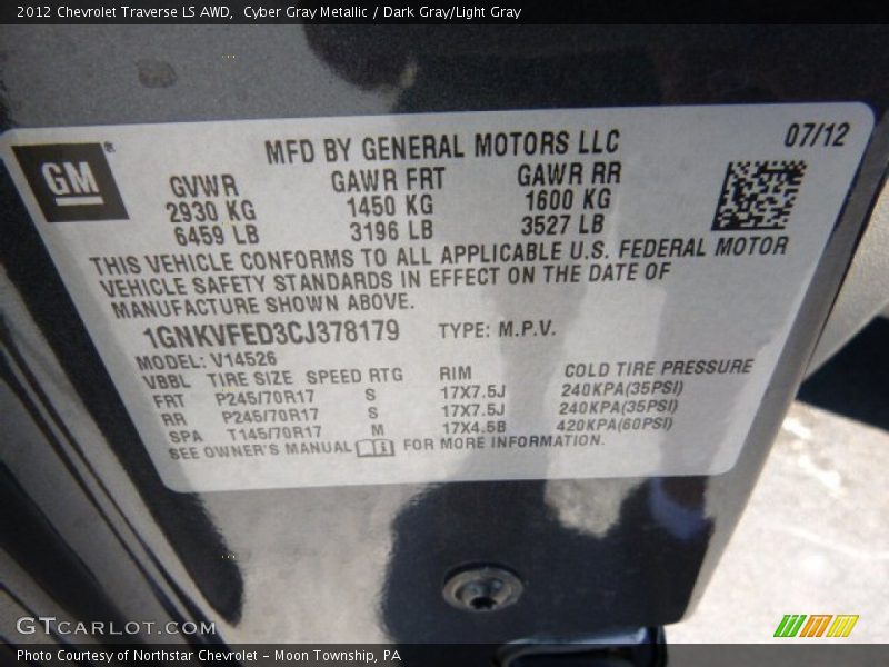 Cyber Gray Metallic / Dark Gray/Light Gray 2012 Chevrolet Traverse LS AWD