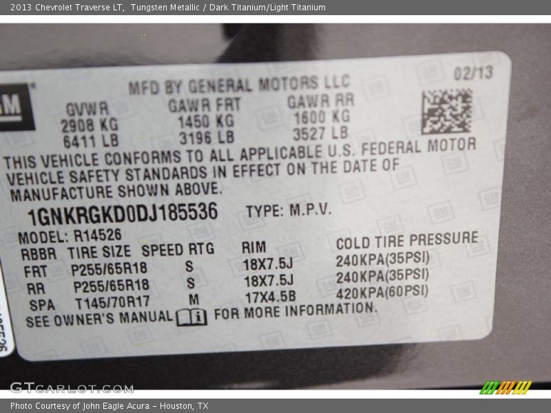 Tungsten Metallic / Dark Titanium/Light Titanium 2013 Chevrolet Traverse LT