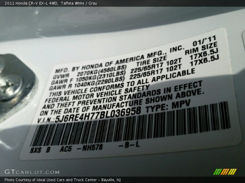 Taffeta White / Gray 2011 Honda CR-V EX-L 4WD