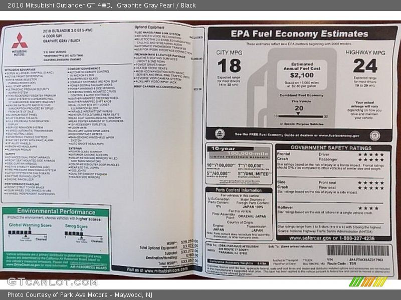 Graphite Gray Pearl / Black 2010 Mitsubishi Outlander GT 4WD