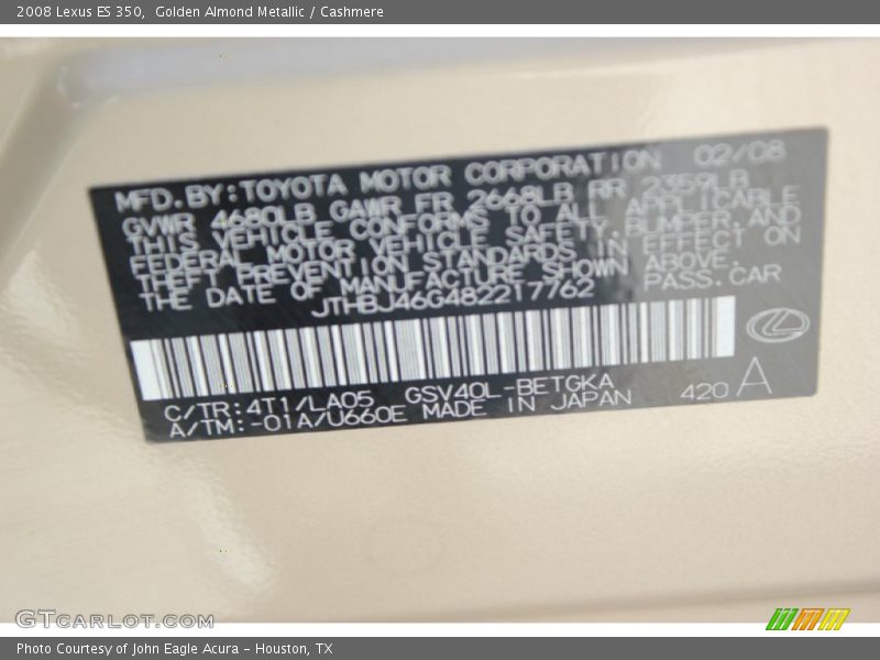 Golden Almond Metallic / Cashmere 2008 Lexus ES 350