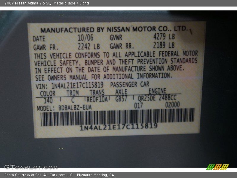 Metallic Jade / Blond 2007 Nissan Altima 2.5 SL