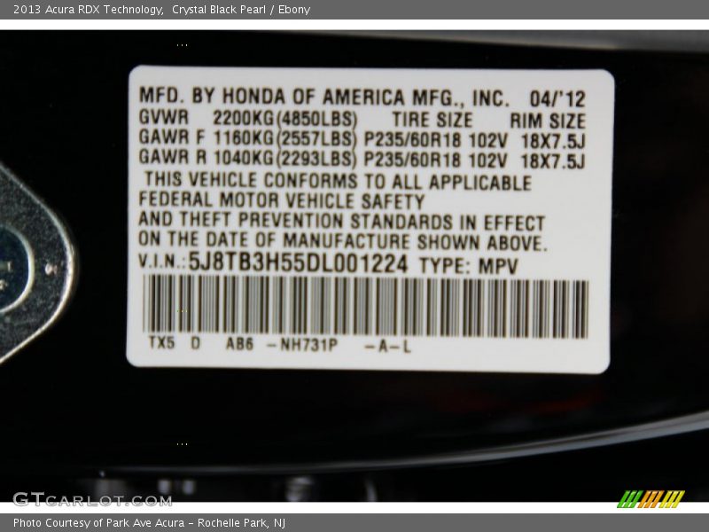 Crystal Black Pearl / Ebony 2013 Acura RDX Technology