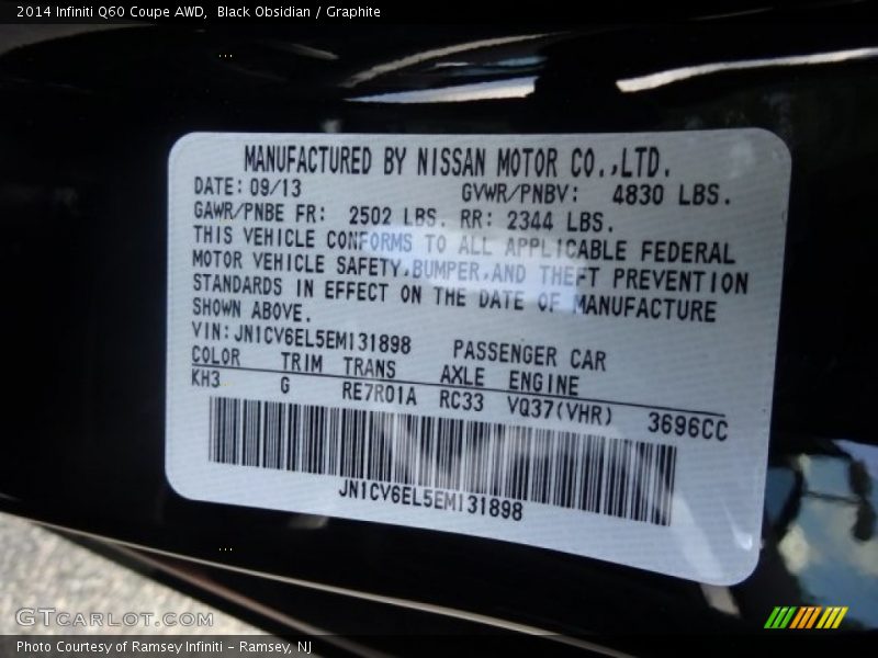 2014 Q60 Coupe AWD Black Obsidian Color Code KH3