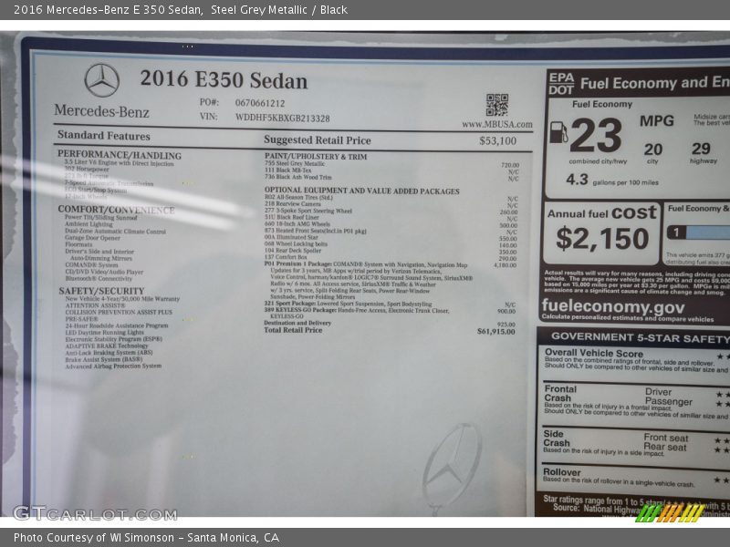 Steel Grey Metallic / Black 2016 Mercedes-Benz E 350 Sedan