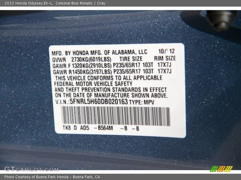 Celestial Blue Metallic / Gray 2013 Honda Odyssey EX-L