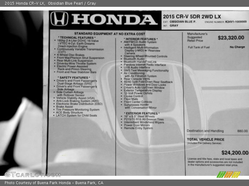 Obsidian Blue Pearl / Gray 2015 Honda CR-V LX