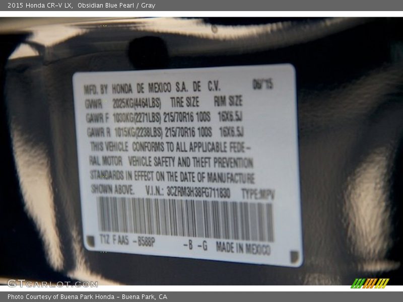 Obsidian Blue Pearl / Gray 2015 Honda CR-V LX