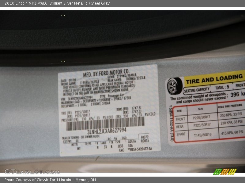Brilliant Silver Metallic / Steel Gray 2010 Lincoln MKZ AWD