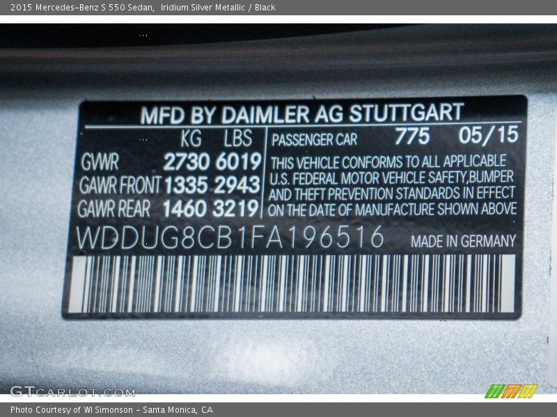 Iridium Silver Metallic / Black 2015 Mercedes-Benz S 550 Sedan