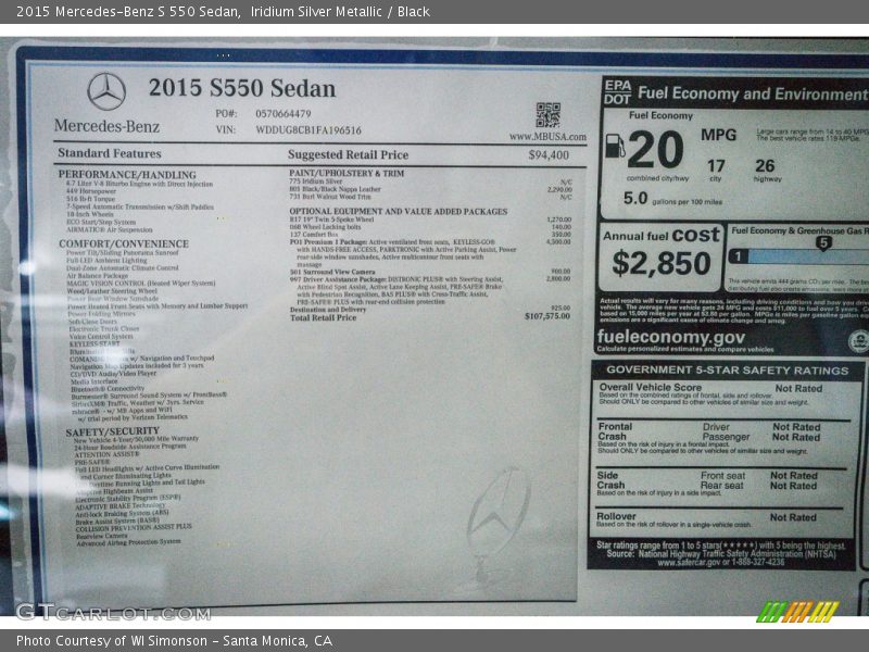 Iridium Silver Metallic / Black 2015 Mercedes-Benz S 550 Sedan