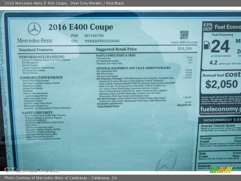  2016 E 400 Coupe Window Sticker
