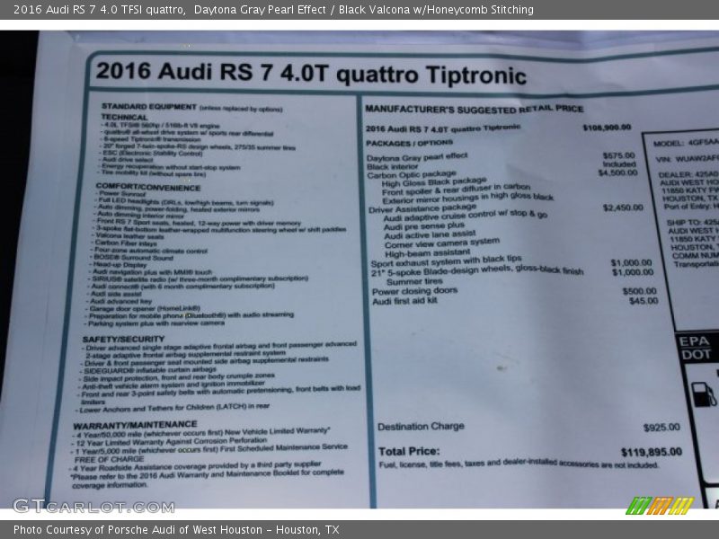  2016 RS 7 4.0 TFSI quattro Window Sticker