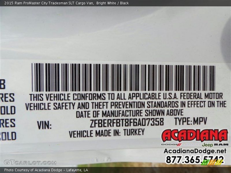 Bright White / Black 2015 Ram ProMaster City Tradesman SLT Cargo Van