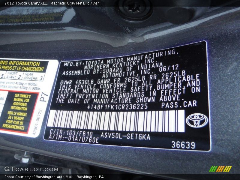 Magnetic Gray Metallic / Ash 2012 Toyota Camry XLE