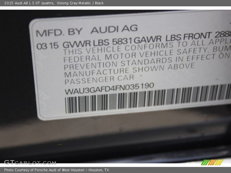 Oolong Gray Metallic / Black 2015 Audi A8 L 3.0T quattro