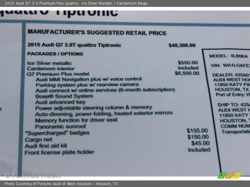 Ice Silver Metallic / Cardamom Beige 2015 Audi Q7 3.0 Premium Plus quattro