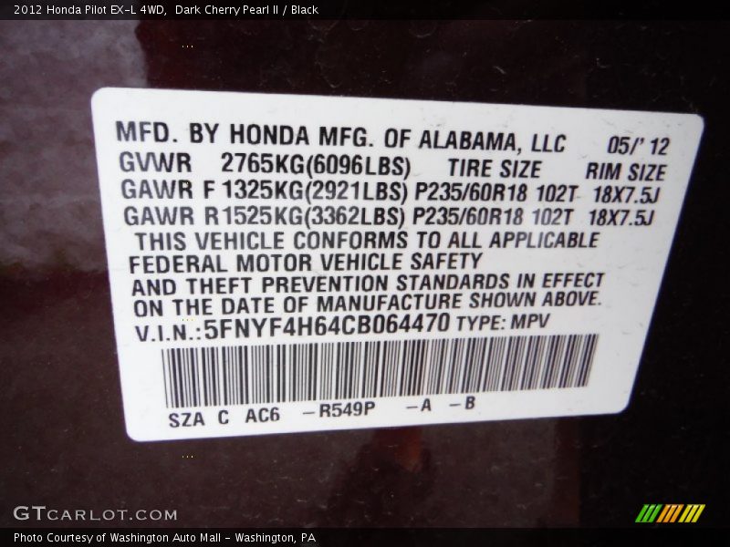 Dark Cherry Pearl II / Black 2012 Honda Pilot EX-L 4WD