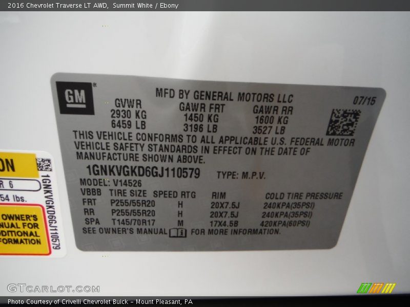 Summit White / Ebony 2016 Chevrolet Traverse LT AWD