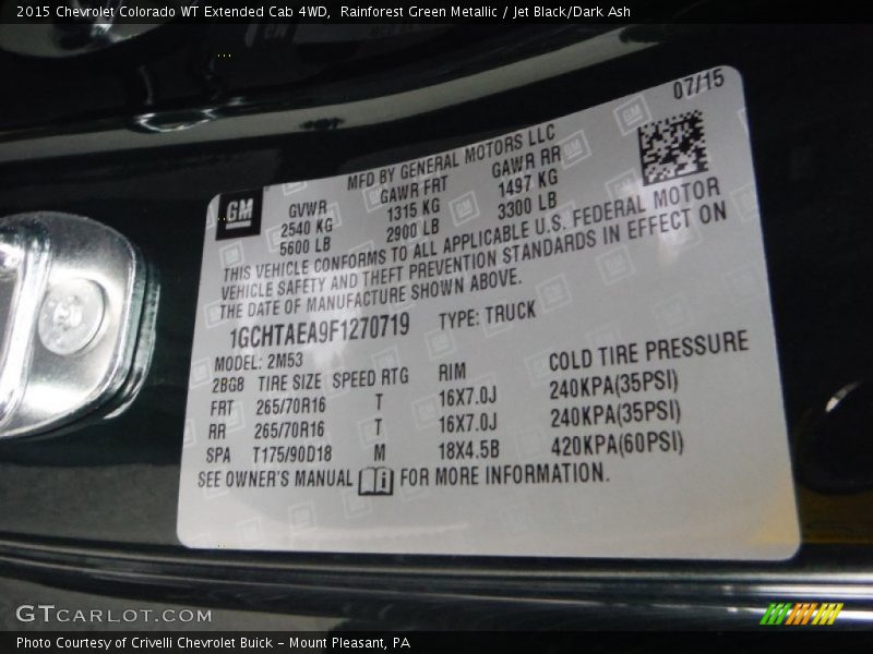 Rainforest Green Metallic / Jet Black/Dark Ash 2015 Chevrolet Colorado WT Extended Cab 4WD