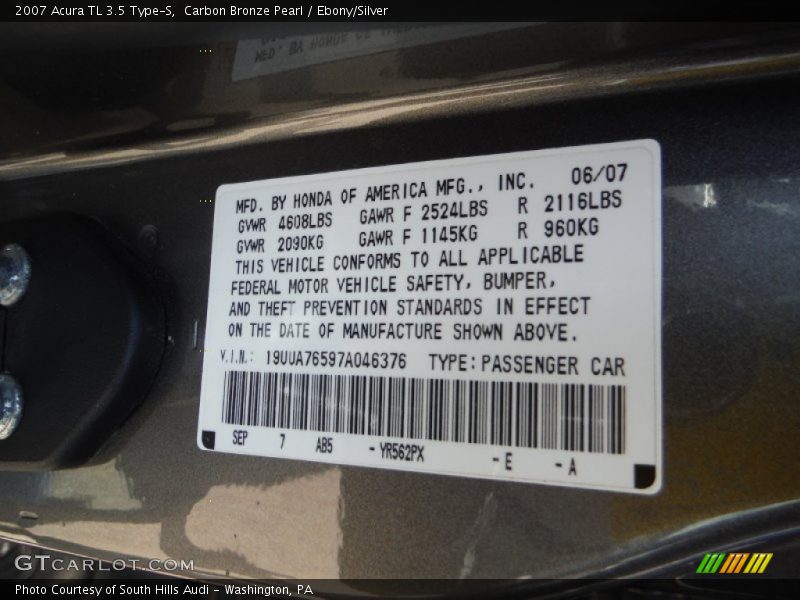 Carbon Bronze Pearl / Ebony/Silver 2007 Acura TL 3.5 Type-S