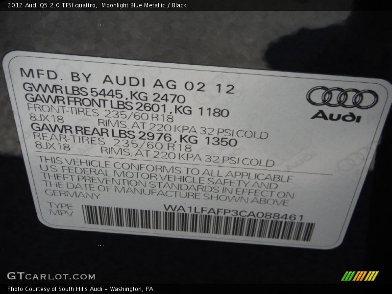 Moonlight Blue Metallic / Black 2012 Audi Q5 2.0 TFSI quattro