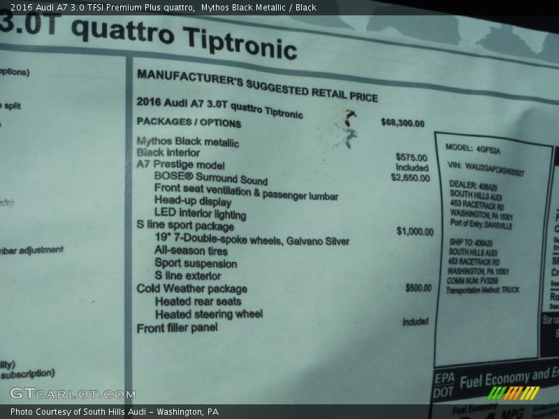 2016 A7 3.0 TFSI Premium Plus quattro Window Sticker