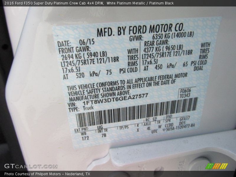 2016 F350 Super Duty Platinum Crew Cab 4x4 DRW White Platinum Metallic Color Code UG