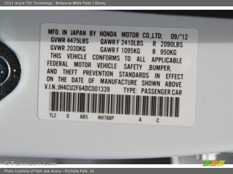Bellanova White Pearl / Ebony 2013 Acura TSX Technology