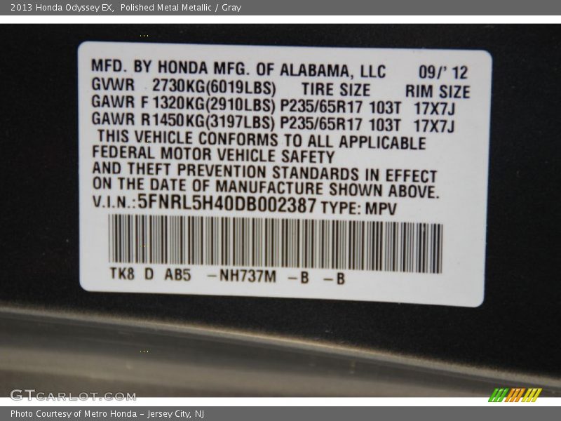 Polished Metal Metallic / Gray 2013 Honda Odyssey EX