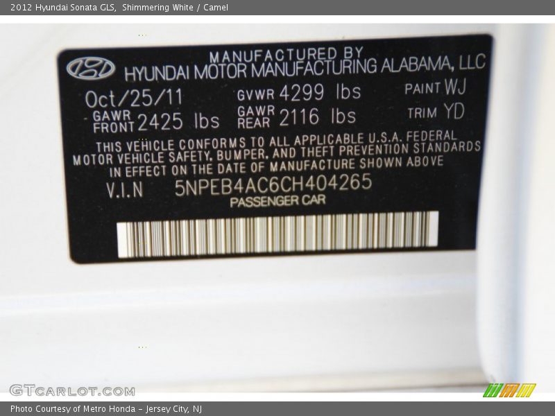 Shimmering White / Camel 2012 Hyundai Sonata GLS