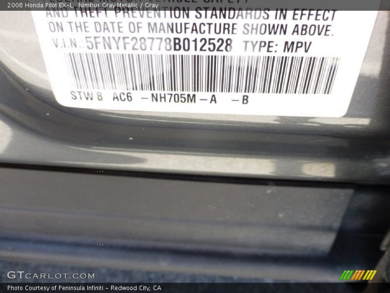Nimbus Gray Metallic / Gray 2008 Honda Pilot EX-L