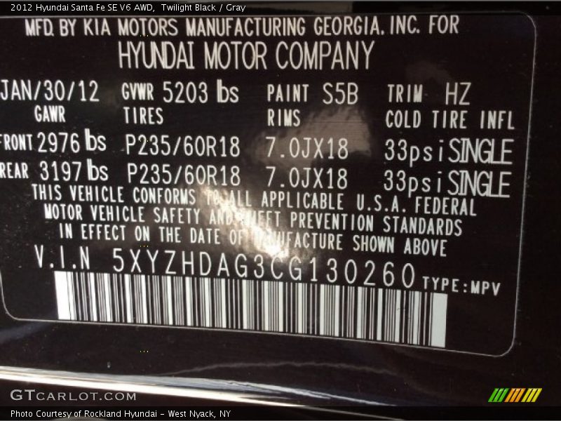 Twilight Black / Gray 2012 Hyundai Santa Fe SE V6 AWD