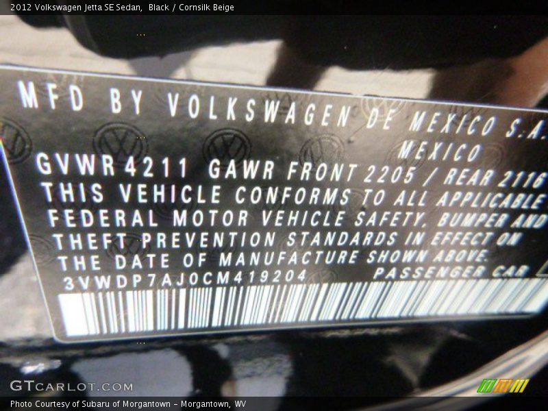 Black / Cornsilk Beige 2012 Volkswagen Jetta SE Sedan
