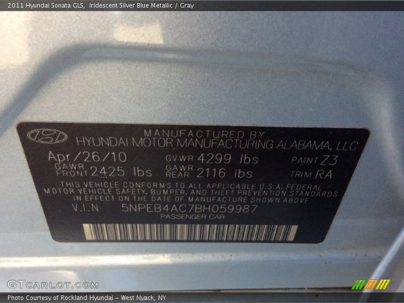 Iridescent Silver Blue Metallic / Gray 2011 Hyundai Sonata GLS