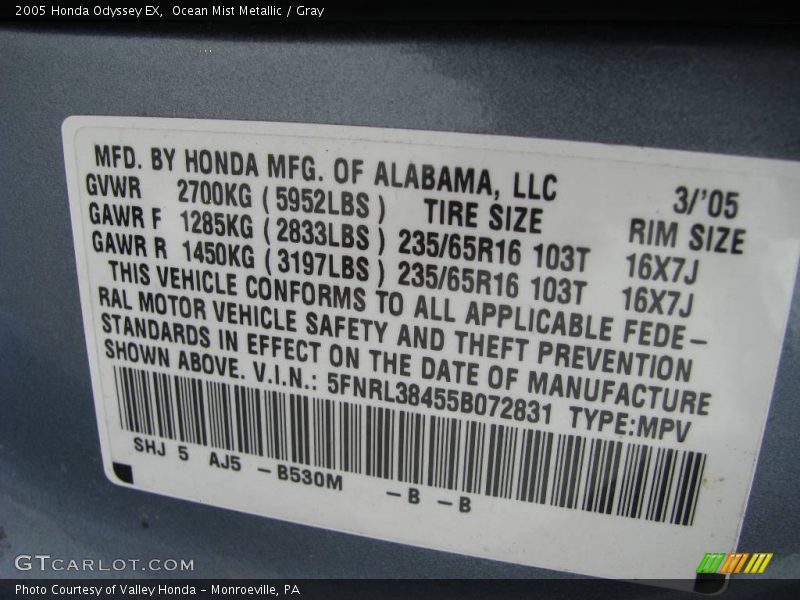 Ocean Mist Metallic / Gray 2005 Honda Odyssey EX