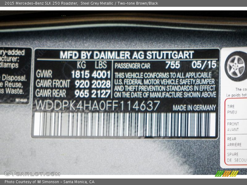 2015 SLK 250 Roadster Steel Grey Metallic Color Code 755