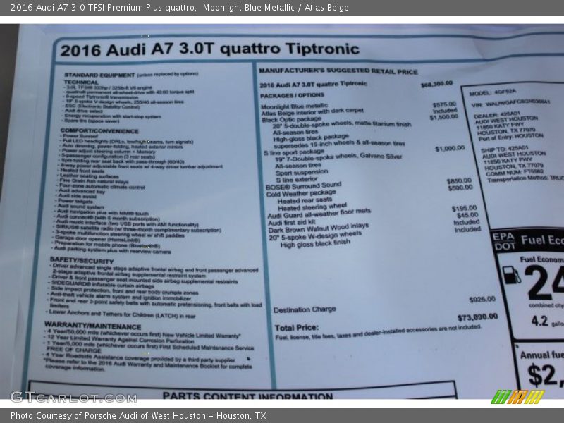  2016 A7 3.0 TFSI Premium Plus quattro Window Sticker