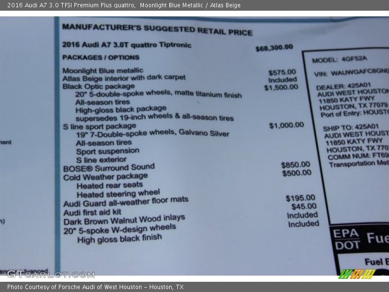 2016 A7 3.0 TFSI Premium Plus quattro Window Sticker