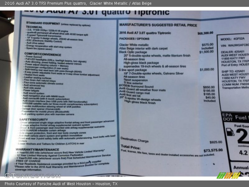 Glacier White Metallic / Atlas Beige 2016 Audi A7 3.0 TFSI Premium Plus quattro