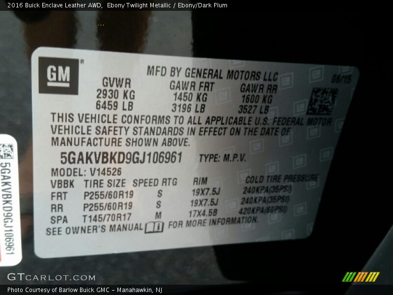 Info Tag of 2016 Enclave Leather AWD
